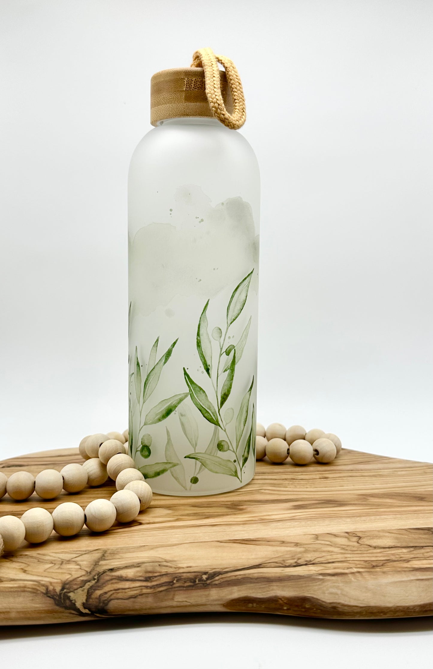 Olive Leaf Glass Water Bottle