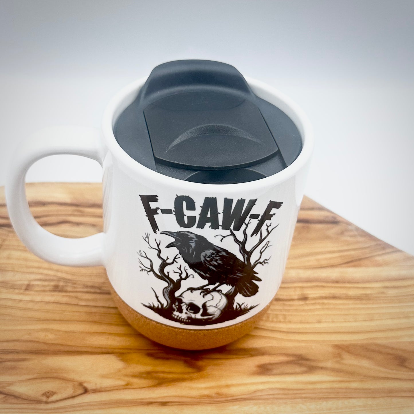 15oz Raven Skull Coffee Mug with Cork Bottom and Lid