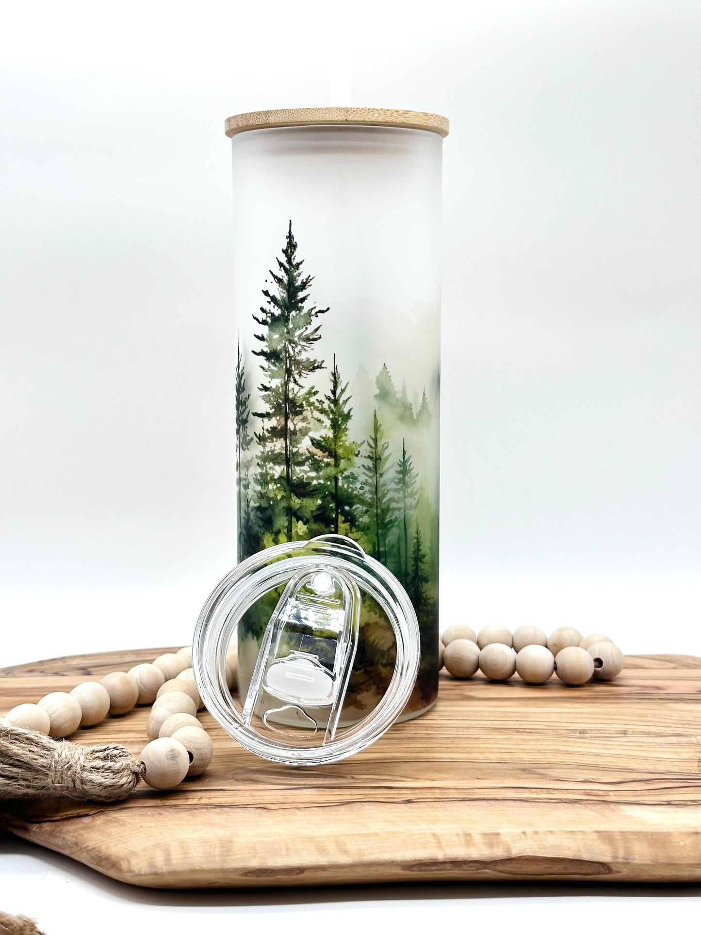 20oz Glass Tumbler with Watercolor Forest Print