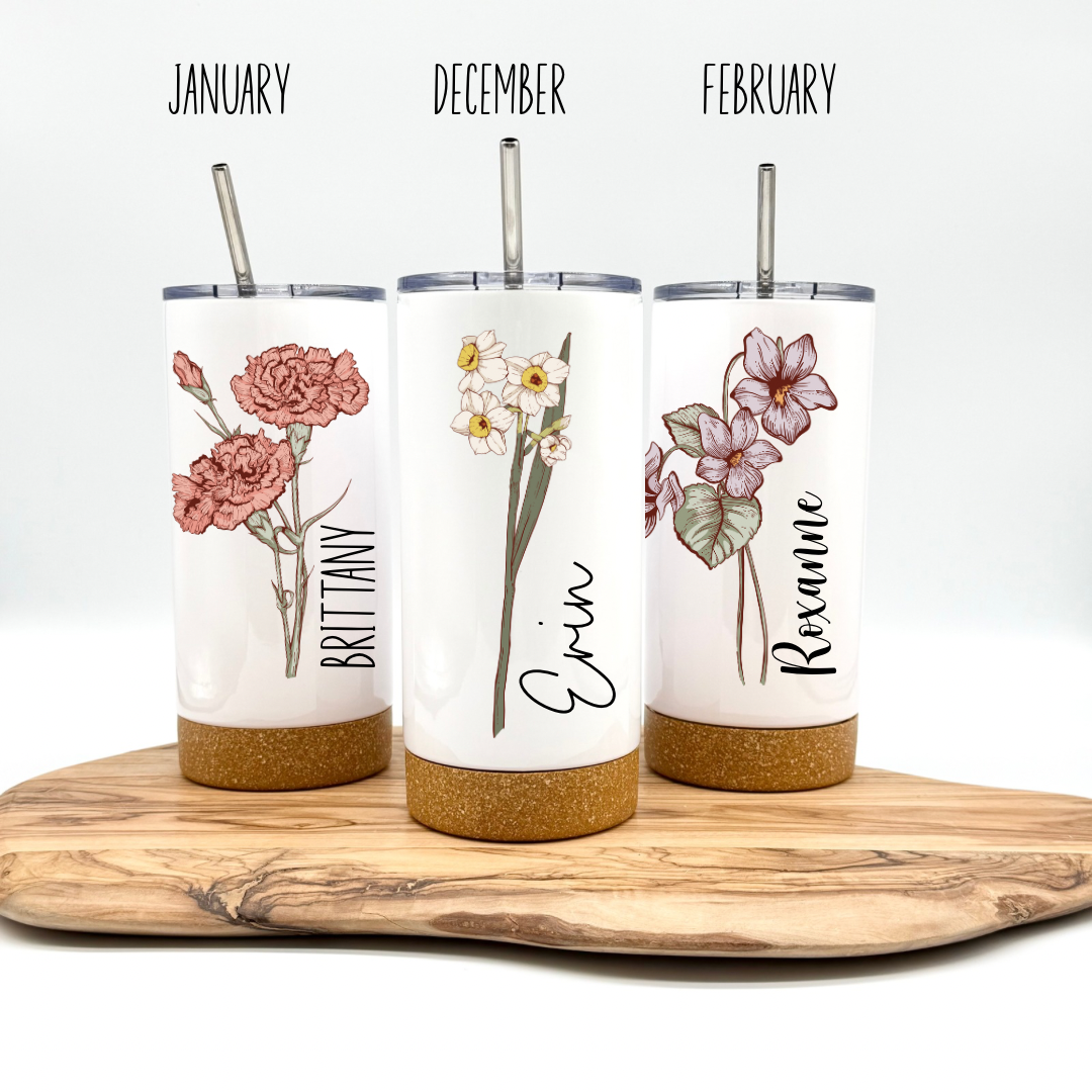 Personalized Birth Flower Tumbler- 17oz Insulated Tumbler with Cork Bottom