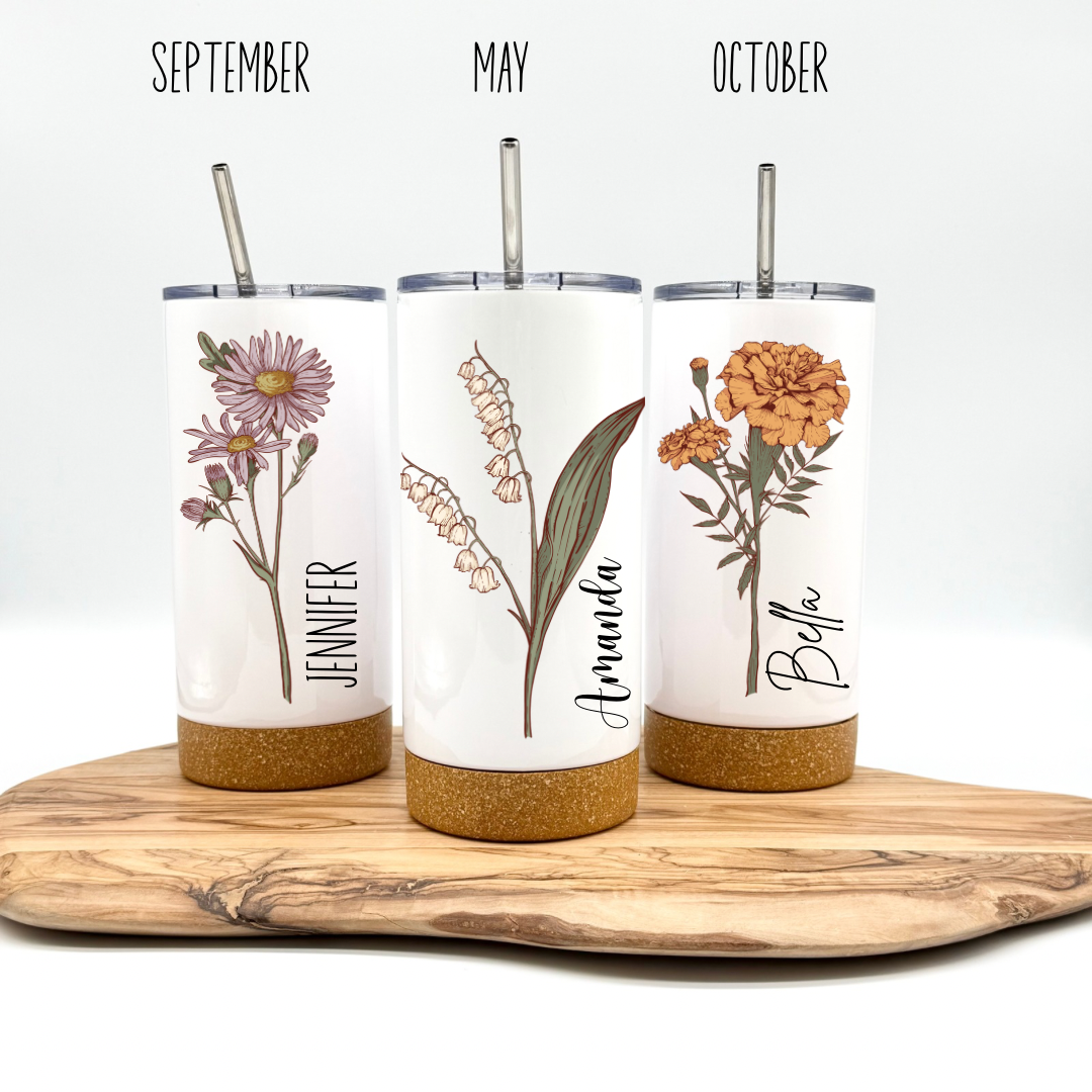 Personalized Birth Flower Tumbler- 17oz Insulated Tumbler with Cork Bottom
