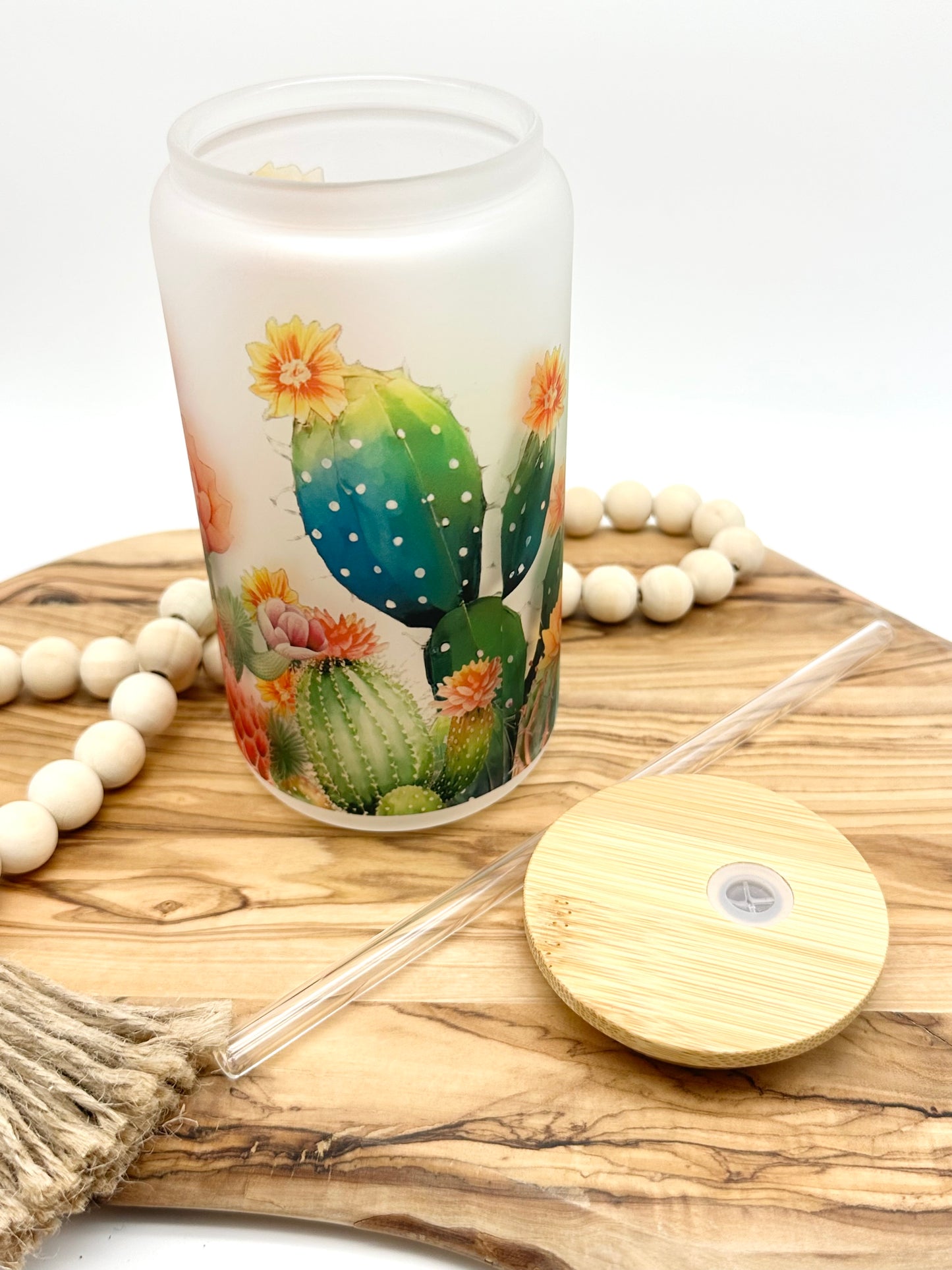 Cactus 18oz Frosted Glass Can with Bamboo Lid and Glass Straw