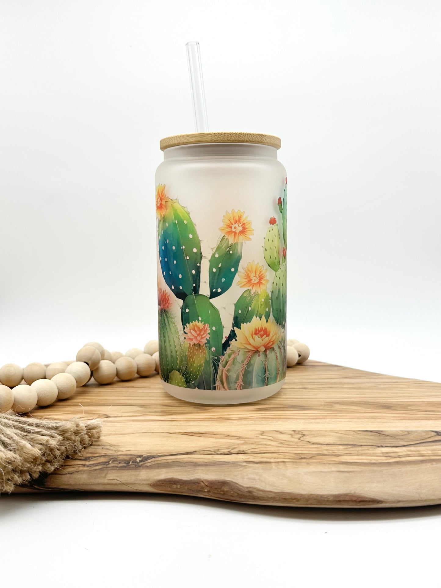 Cactus 18oz Frosted Glass Can with Bamboo Lid and Glass Straw