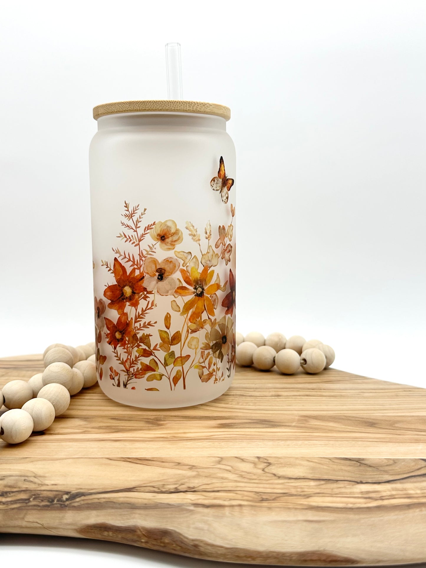 Fall Wildflower Frosted Glass Can with Bamboo Lid and Glass Straw