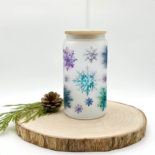 Snowflake Frosted Glass Cup with Bamboo Lid and Glass Straw