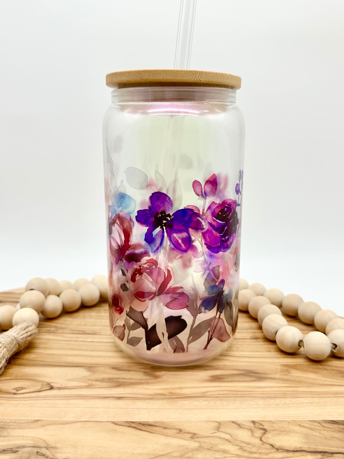 Purple Floral Shimmer Glass Tumbler