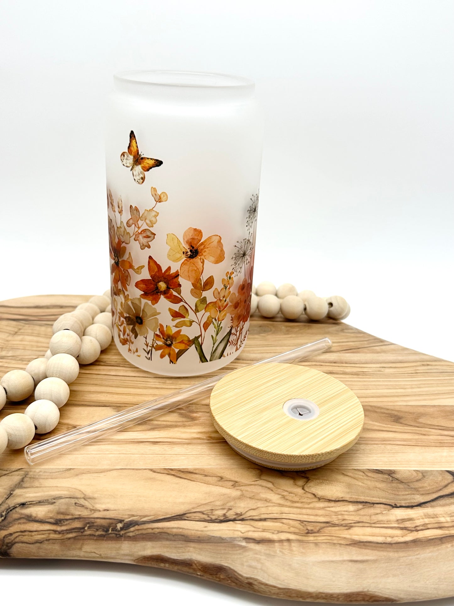 Fall Wildflower Frosted Glass Can with Bamboo Lid and Glass Straw