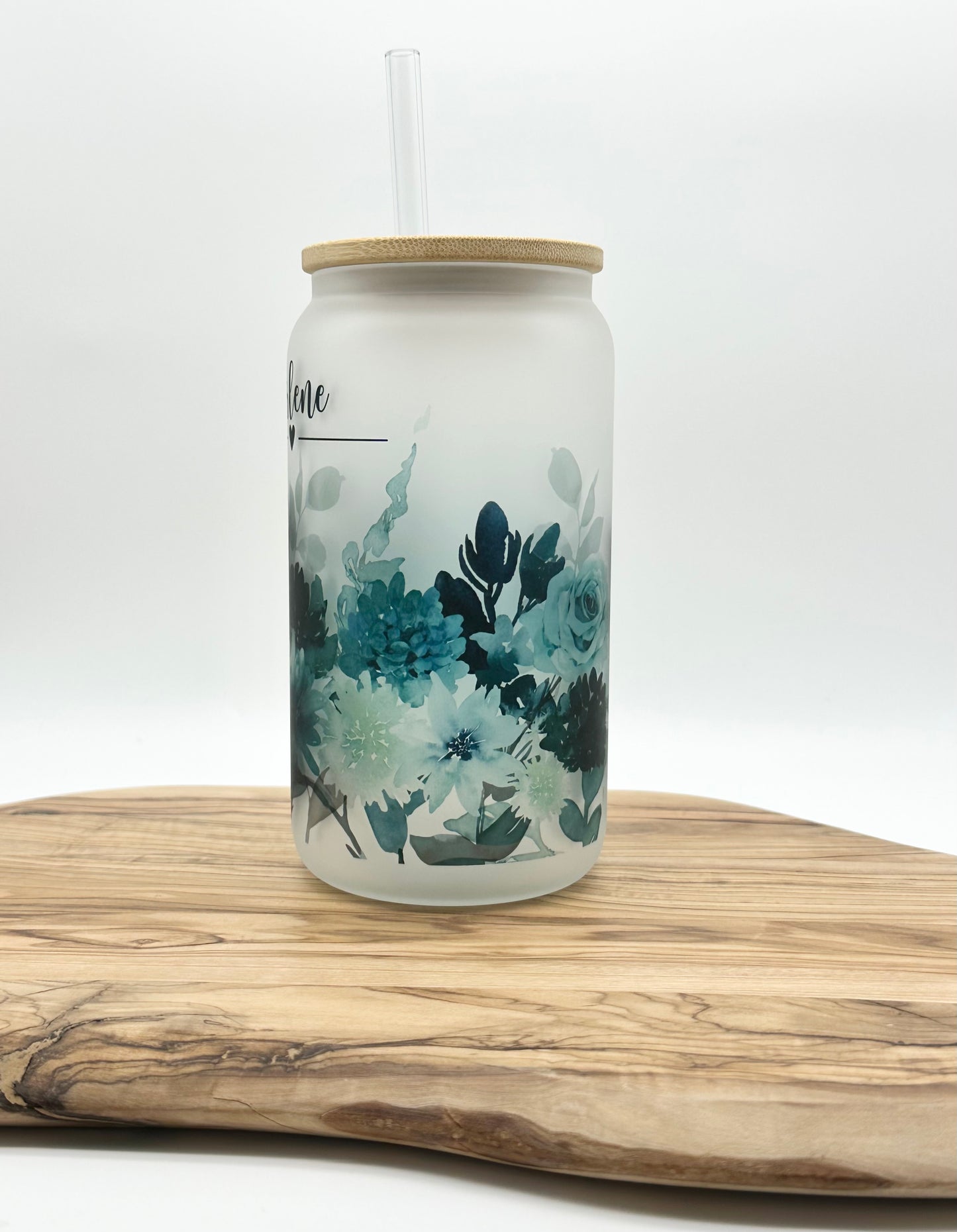 Teal Floral Glass Cup