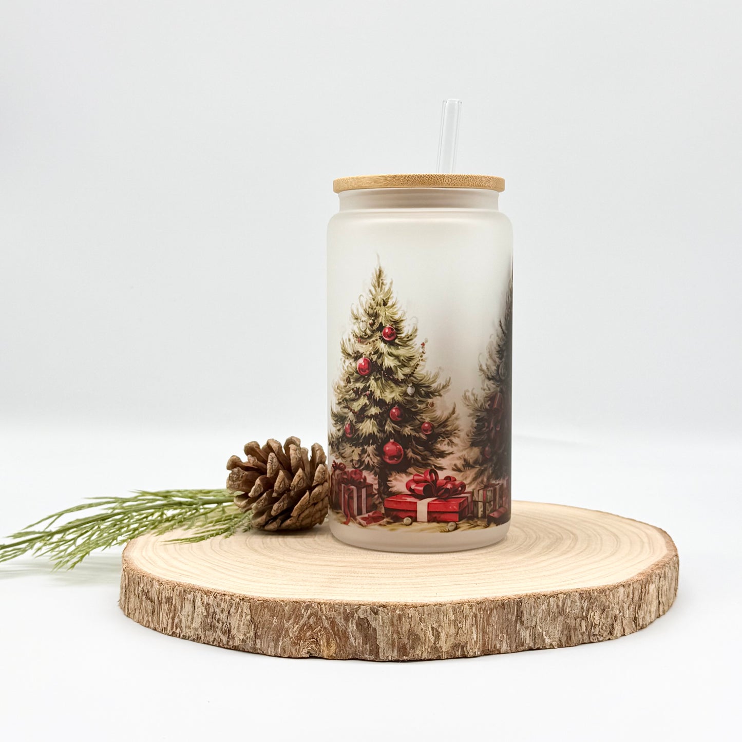 Christmas Tree Glass Tumbler - 16oz Iced Coffee Cup
