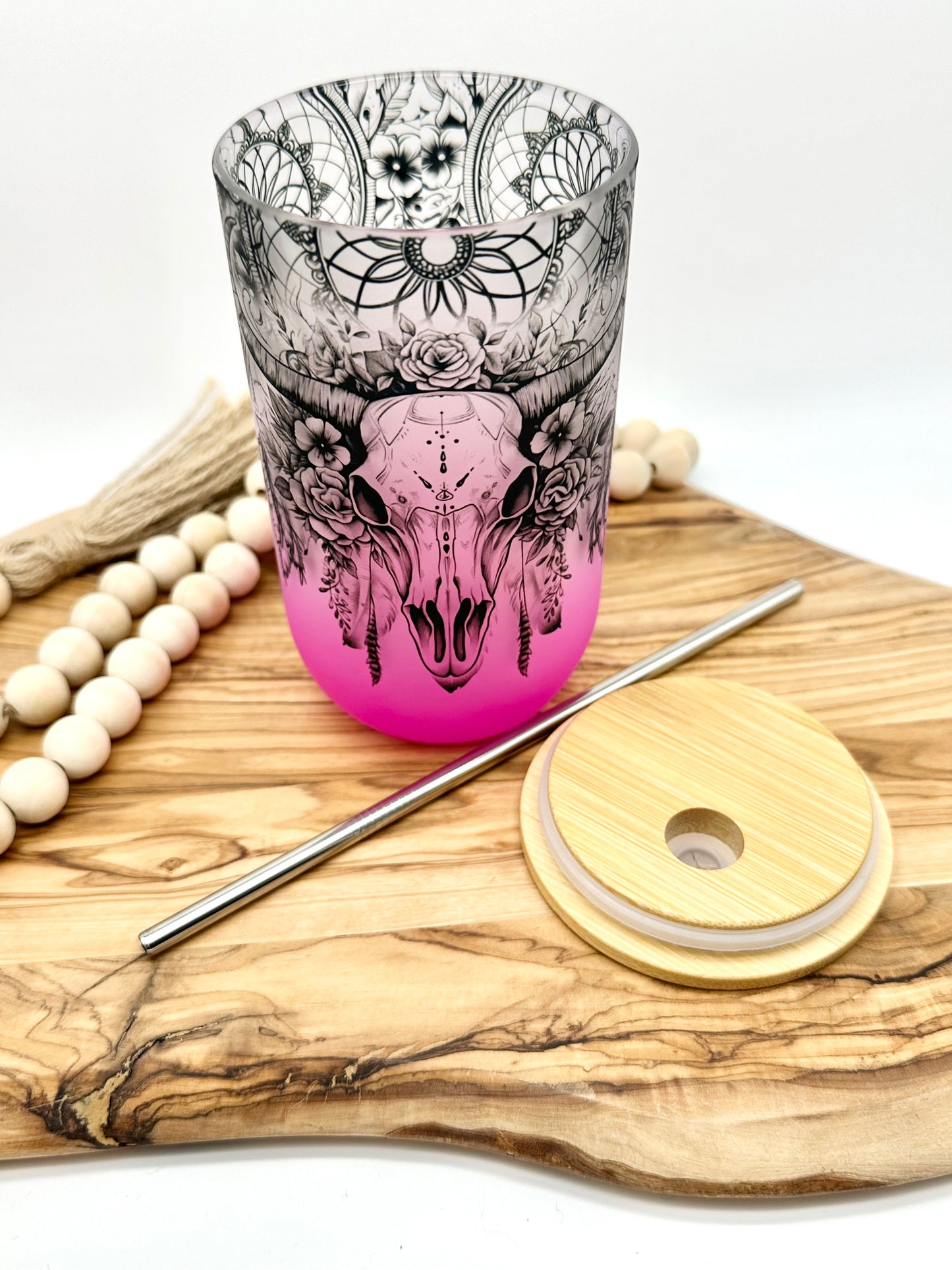 Pink Cow Skull Wine Glass Tumbler