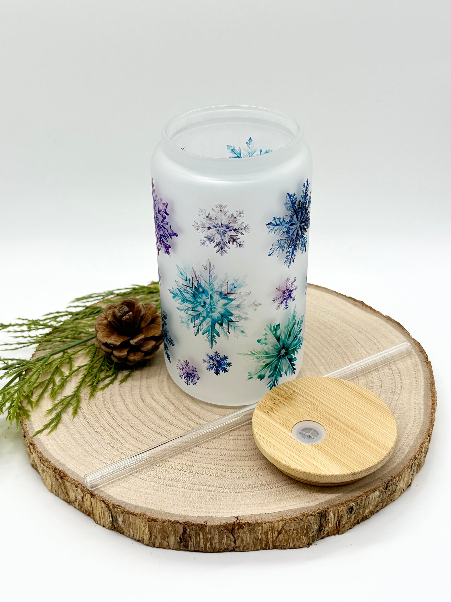 Snowflake Frosted Glass Cup with Bamboo Lid and Glass Straw