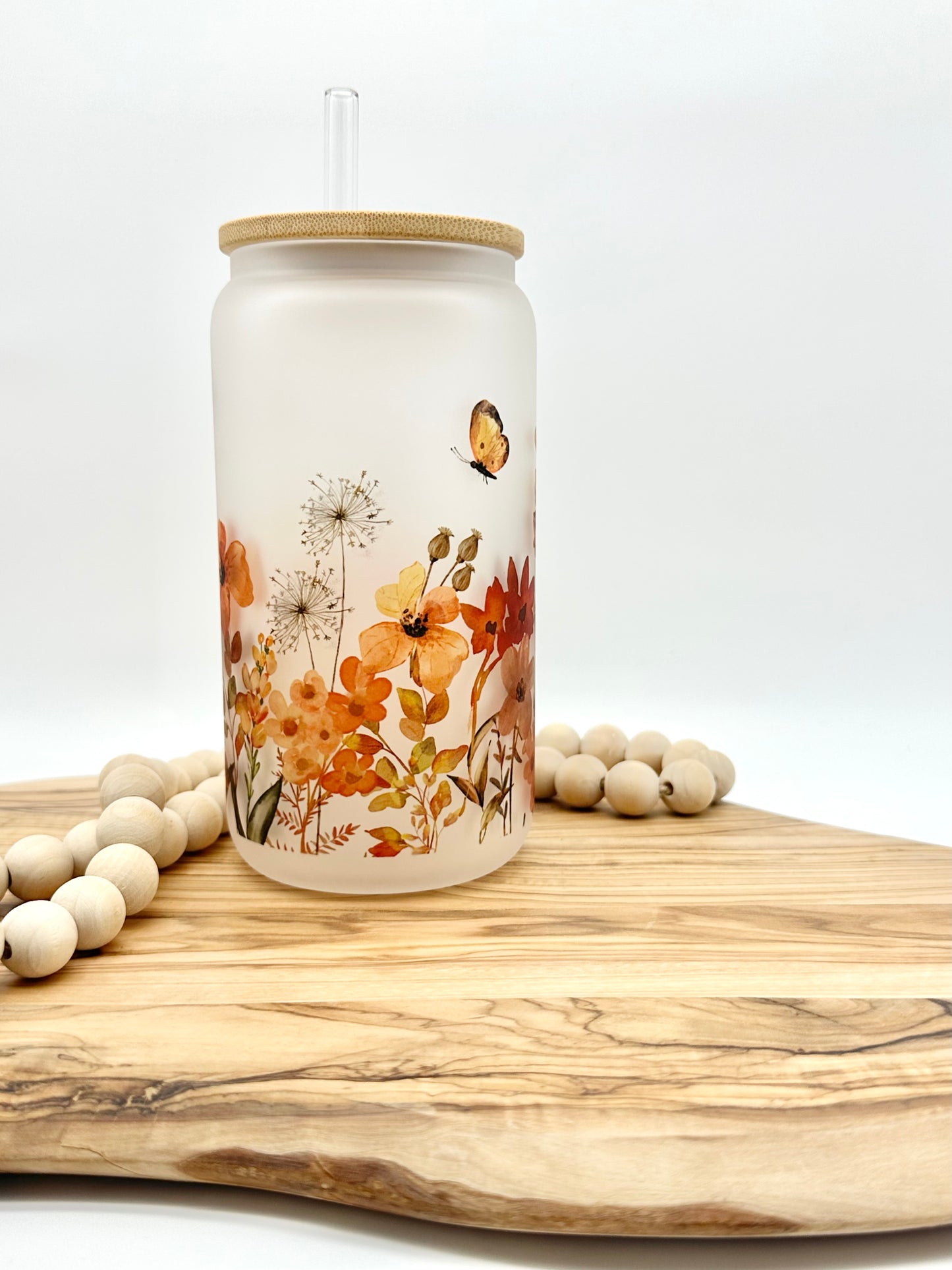 Fall Wildflower Frosted Glass Can with Bamboo Lid and Glass Straw