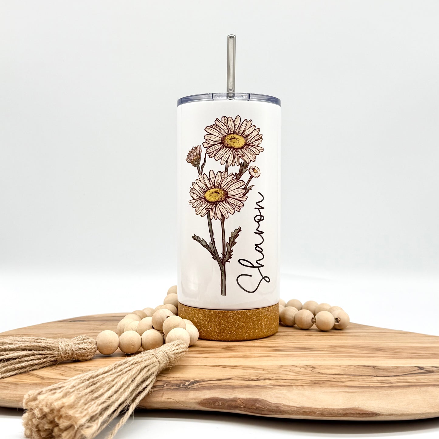 Personalized Birth Flower Tumbler- 17oz Insulated Tumbler with Cork Bottom