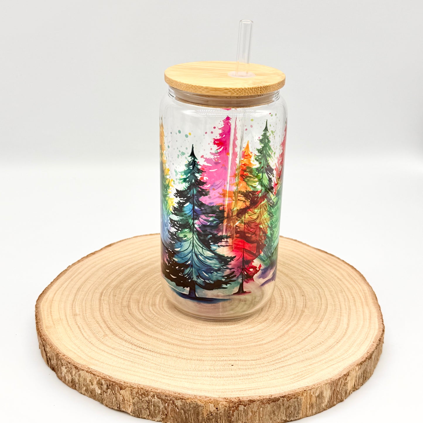 Colorful Christmas Tree Glass Tumbler - 16oz Iced Coffee Cup