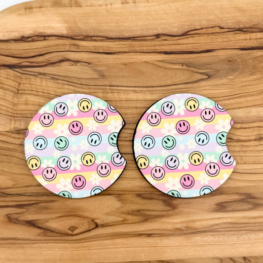 Pastel Smiley Car Coasters