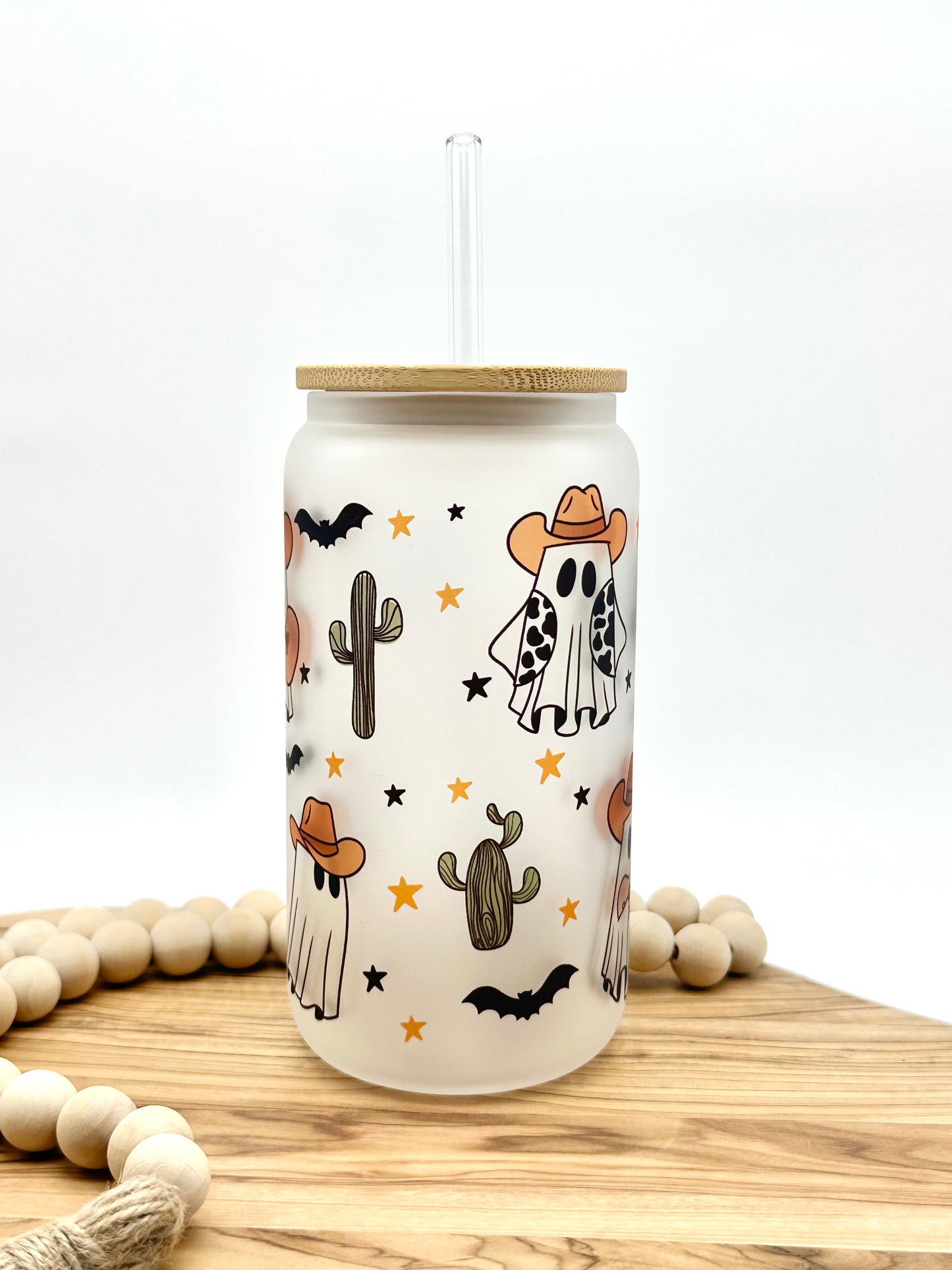 Halloween Glass Cowboy Ghost Tumbler Iced Coffee Cup