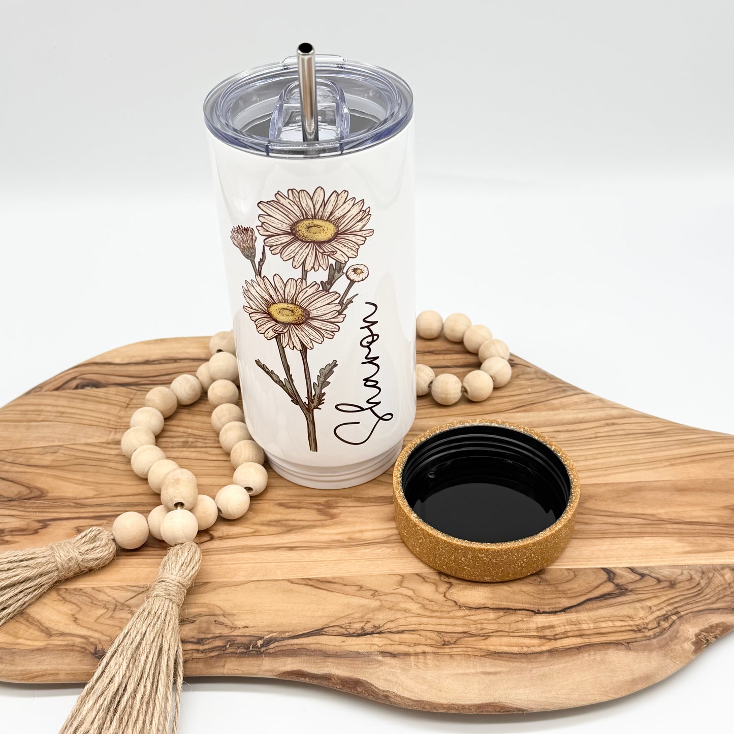 Personalized Birth Flower Tumbler- 17oz Insulated Tumbler with Cork Bottom