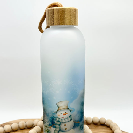 Snowman Glass Water Bottle