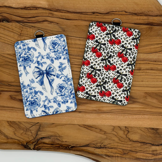 Trendy Feminine Badge Holders – Blue Floral Bow & Leopard Cherries