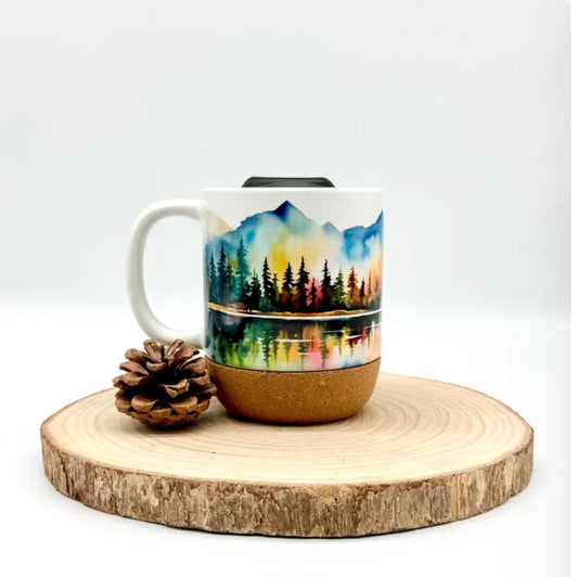 12oz Colorful Mountain Lake Cork Bottom Coffee Mug