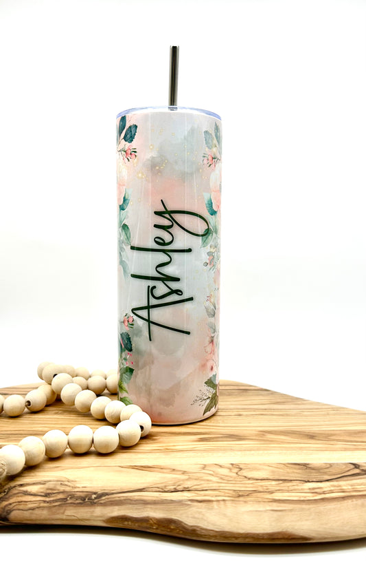 Pink Floral Insulated Skinny Tumbler with Lid and Straw