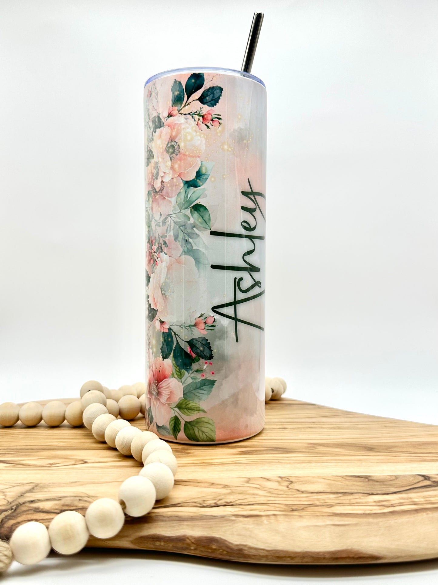 Pink Floral Insulated Skinny Tumbler with Lid and Straw