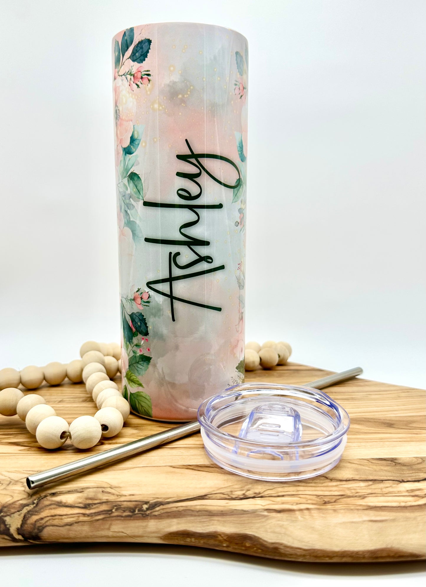 Pink Floral Insulated Skinny Tumbler with Lid and Straw