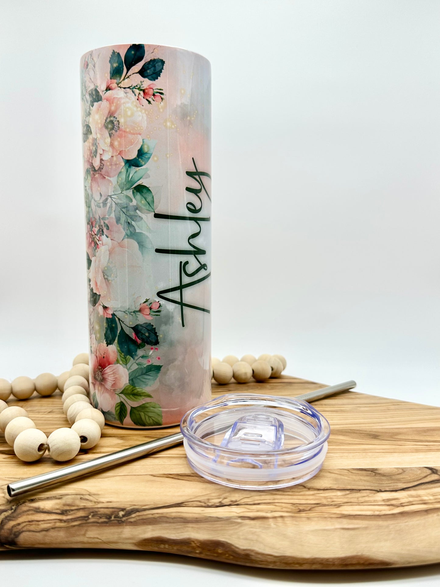 Pink Floral Insulated Skinny Tumbler with Lid and Straw