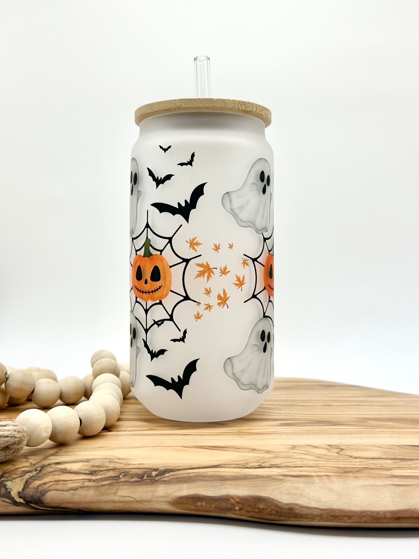 Halloween Glass Cup with Bamboo Lid and Glass Straw