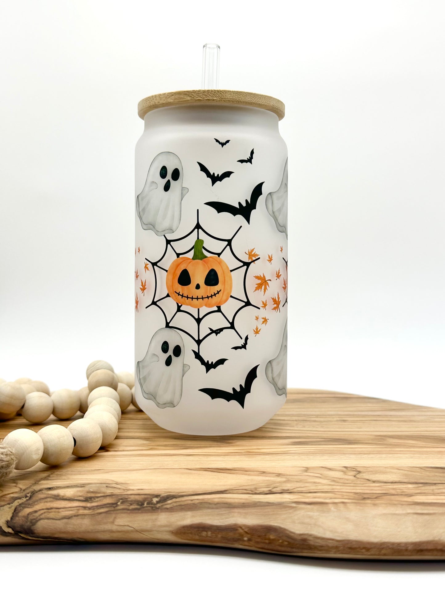 Halloween Glass Cup with Bamboo Lid and Glass Straw