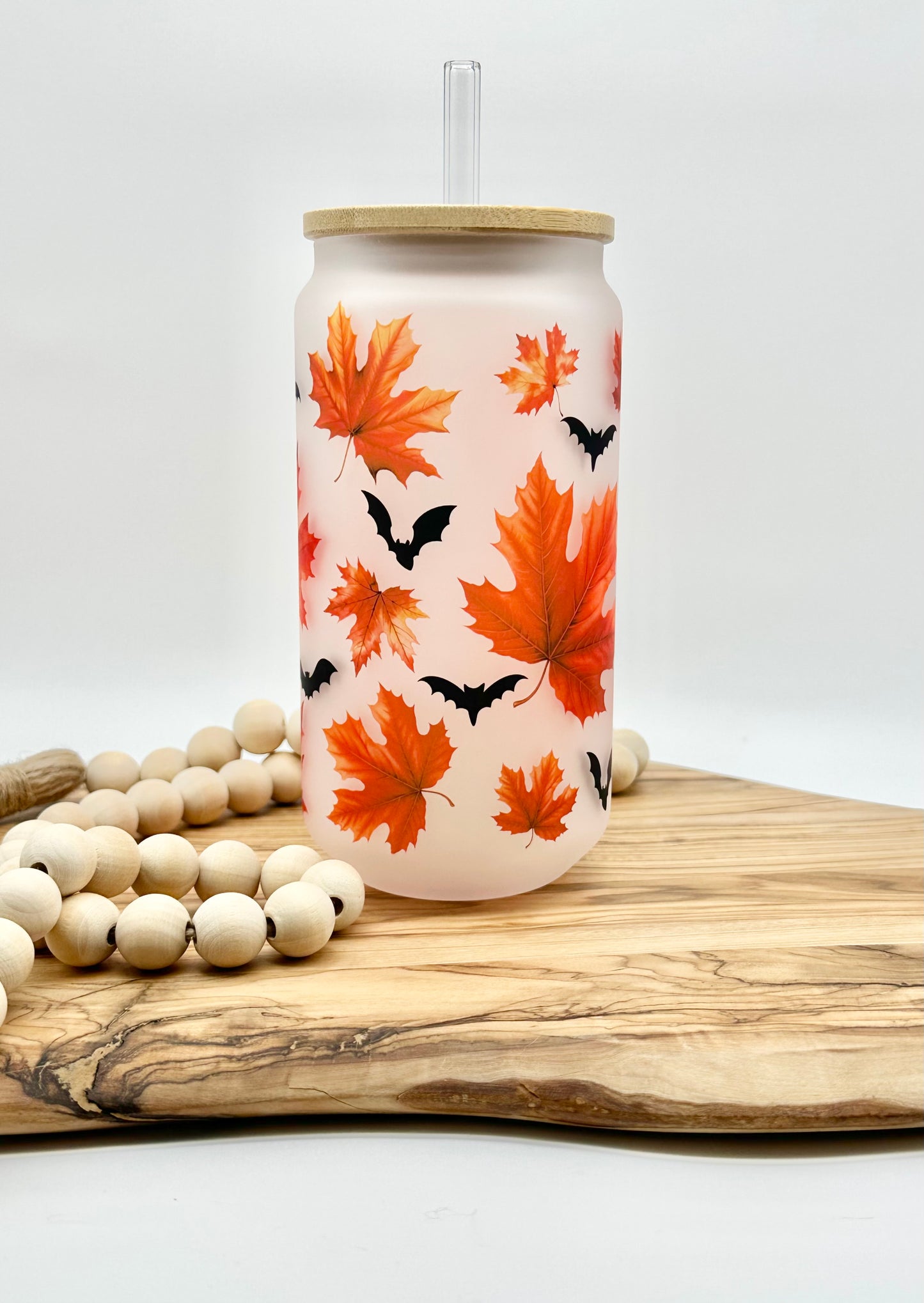 18oz Fall Leaves and Bats Frosted Glass Can with Bamboo Lid and Glass Straw