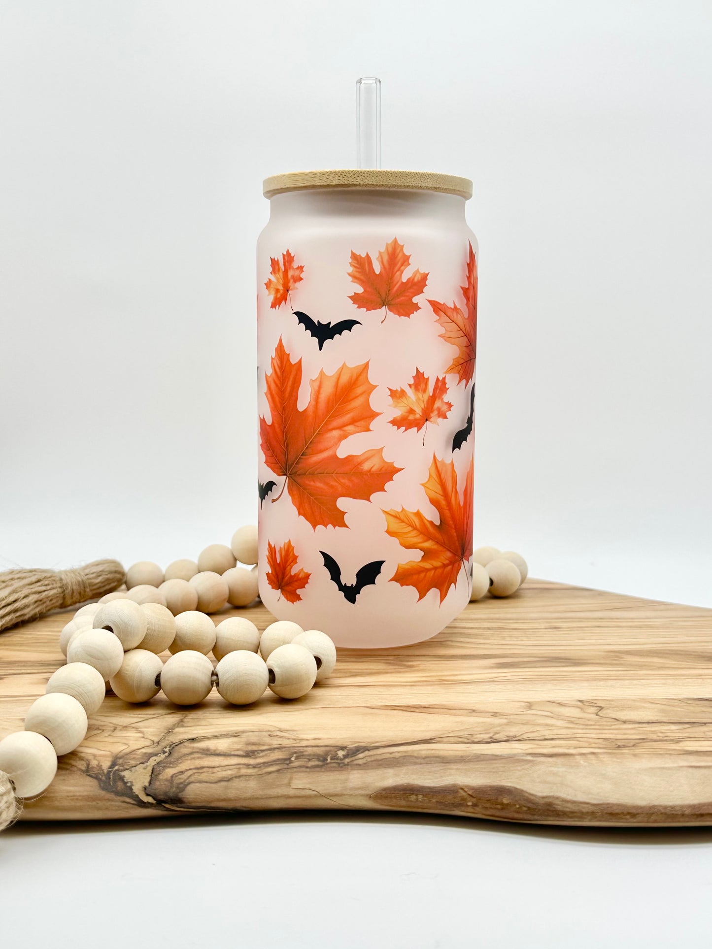 18oz Fall Leaves and Bats Frosted Glass Can with Bamboo Lid and Glass Straw