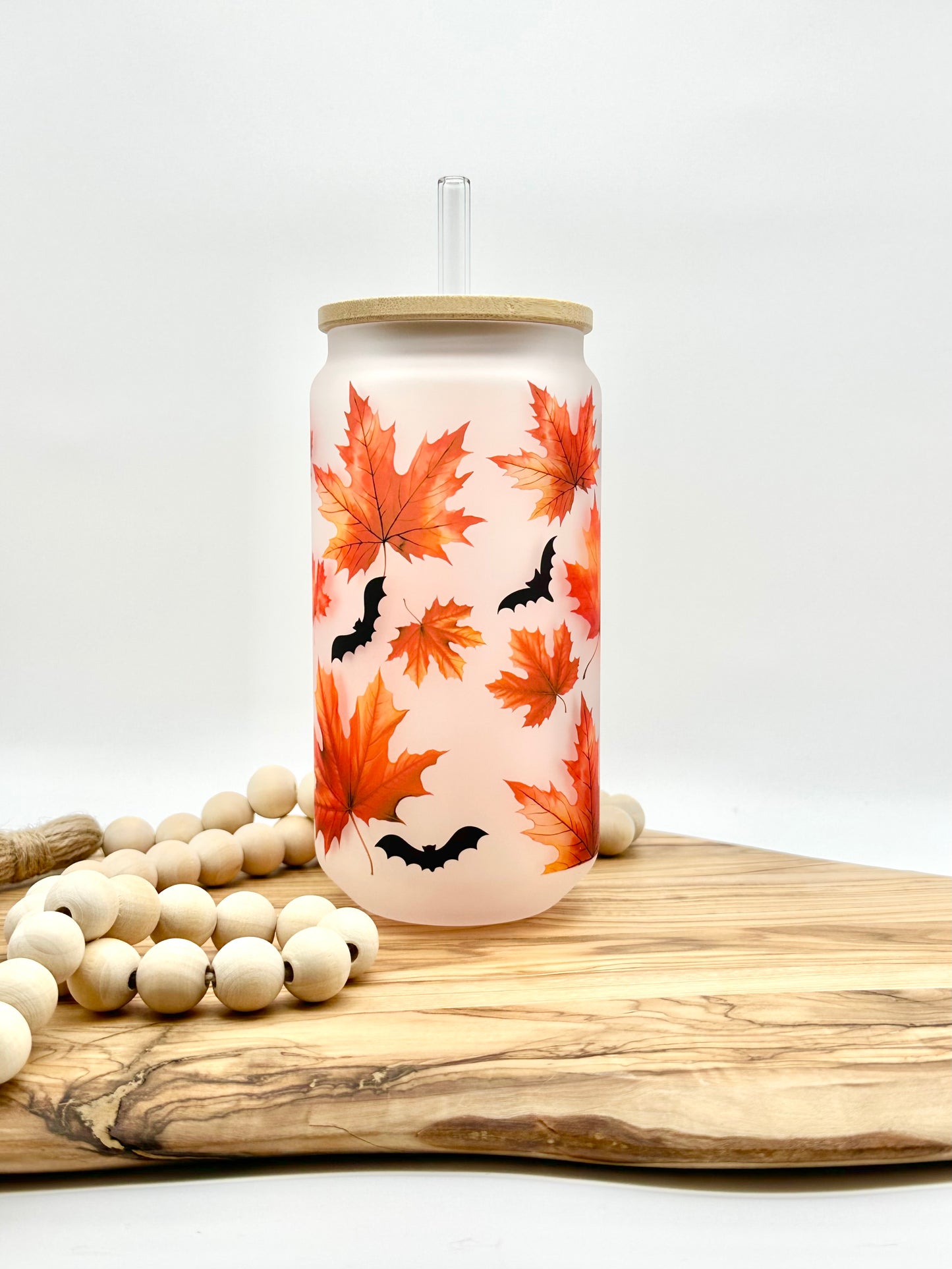 18oz Fall Leaves and Bats Frosted Glass Can with Bamboo Lid and Glass Straw