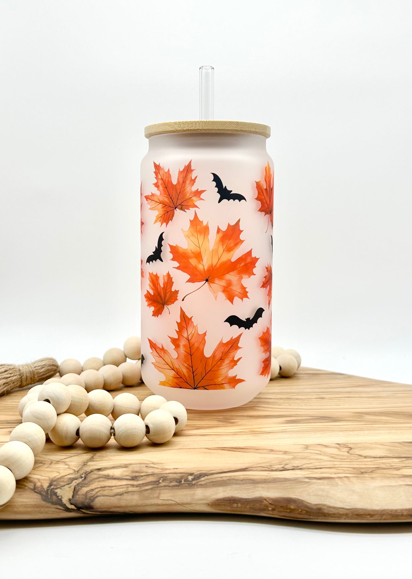 18oz Fall Leaves and Bats Frosted Glass Can with Bamboo Lid and Glass Straw