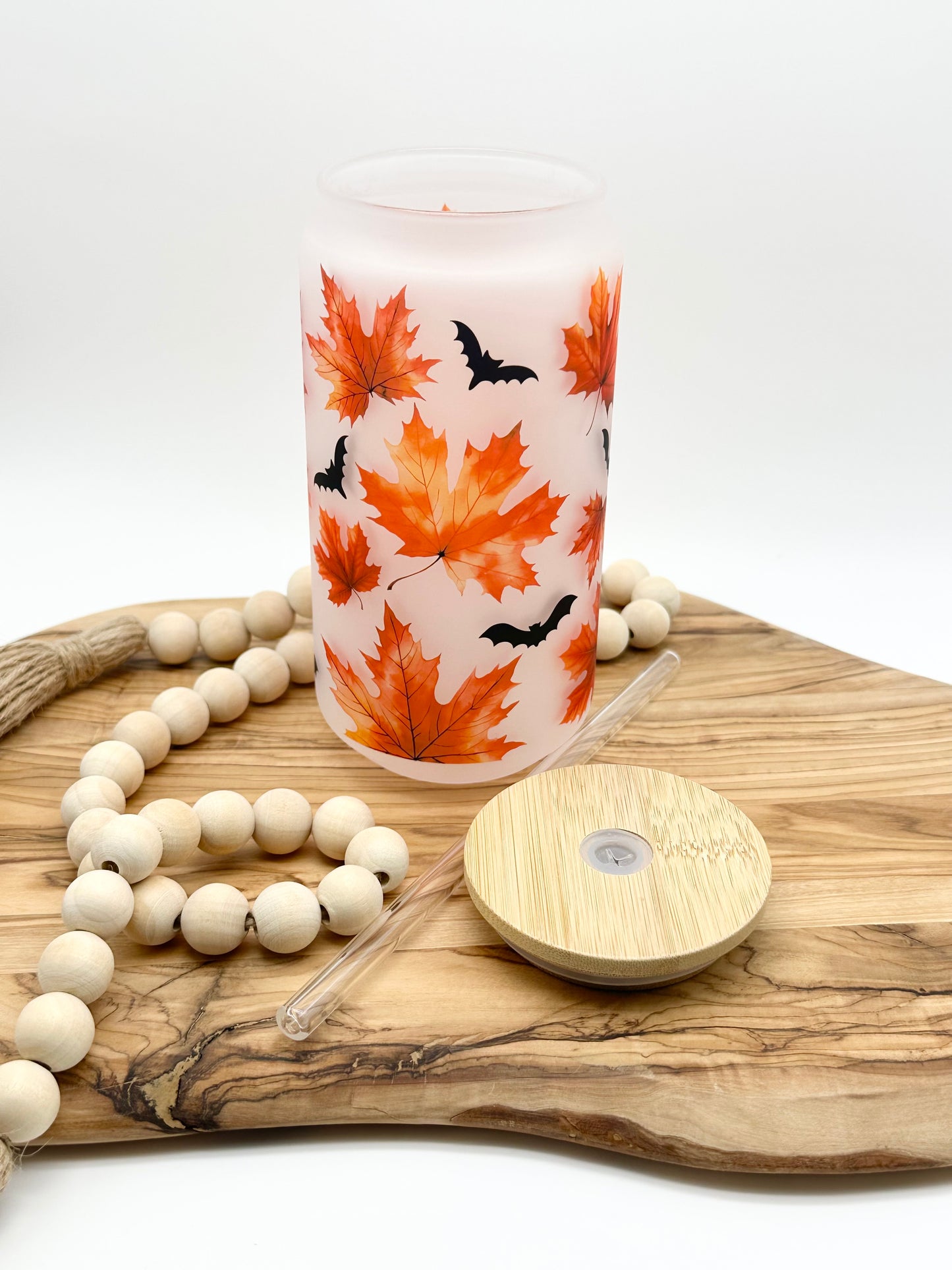 18oz Fall Leaves and Bats Frosted Glass Can with Bamboo Lid and Glass Straw