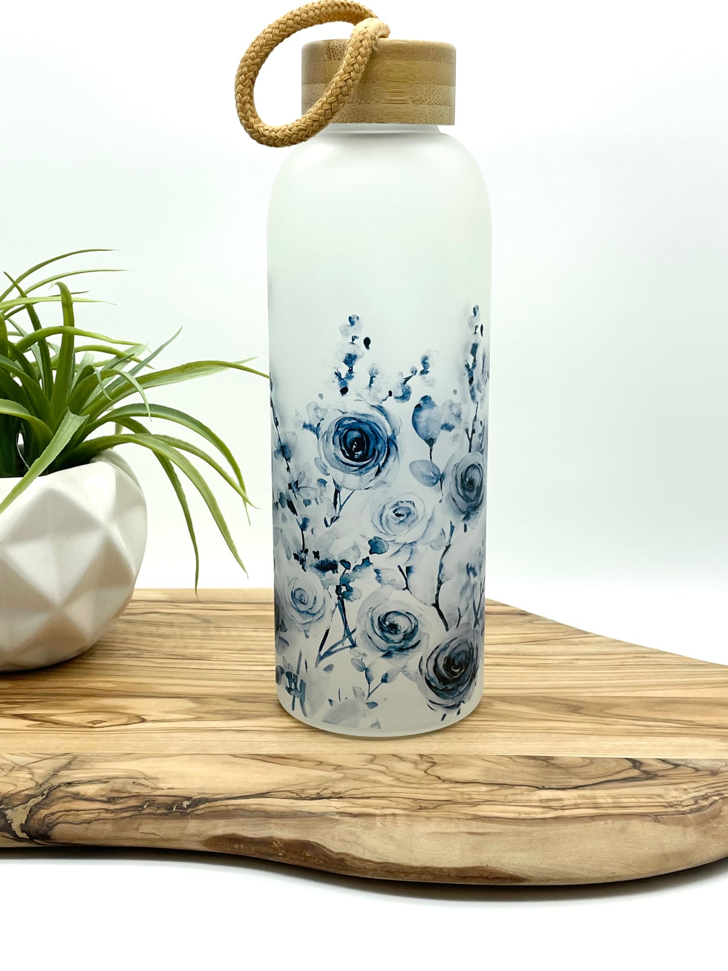 Blue Floral Glass Water Bottle