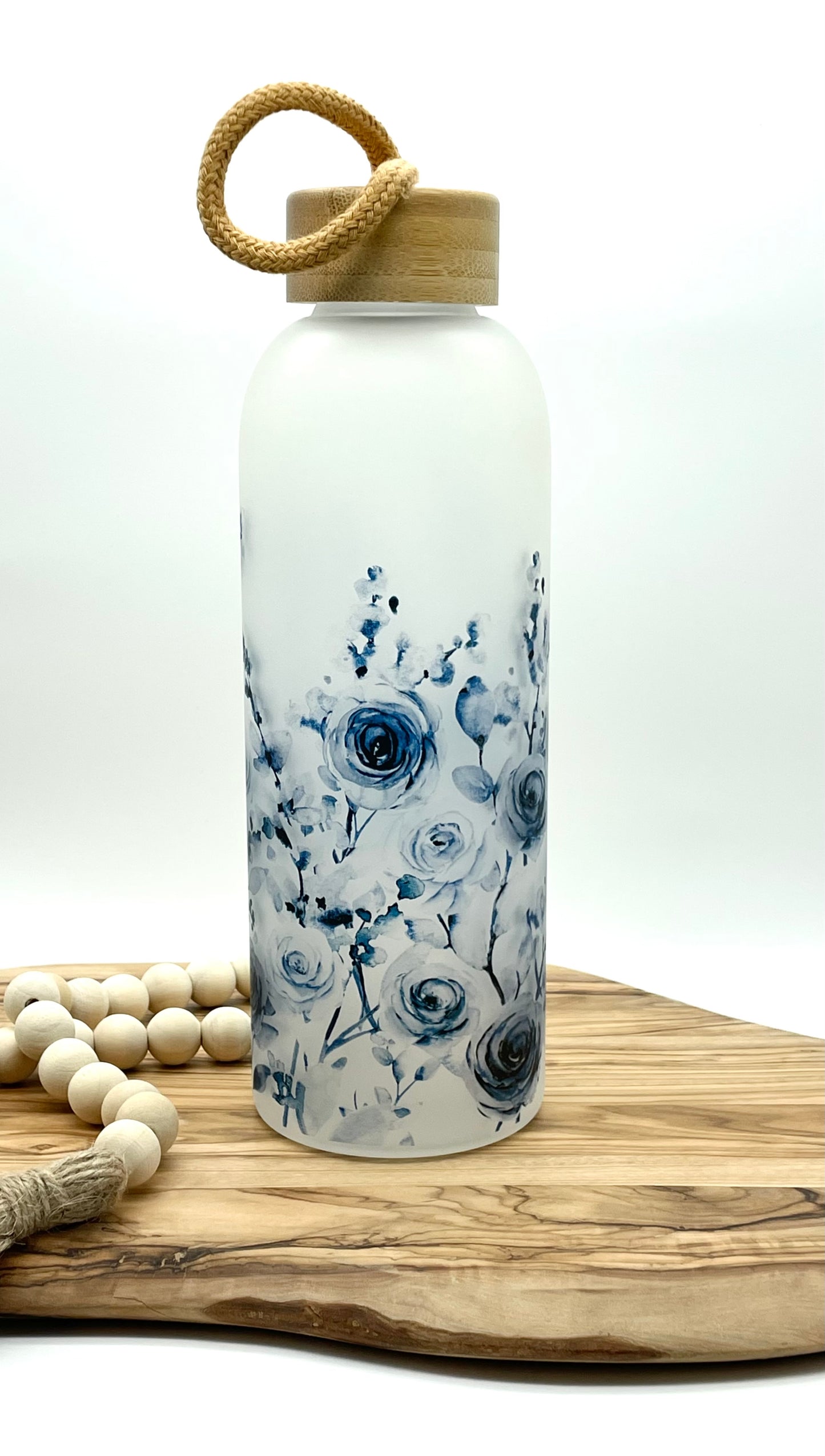 Blue Floral Glass Water Bottle