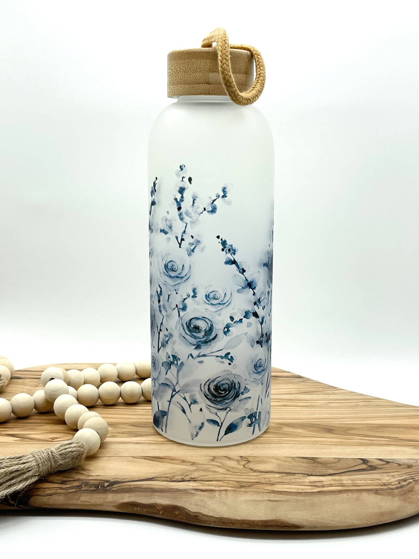 Blue Floral Glass Water Bottle