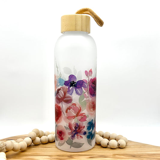 Purple Floral Glass Water Bottle