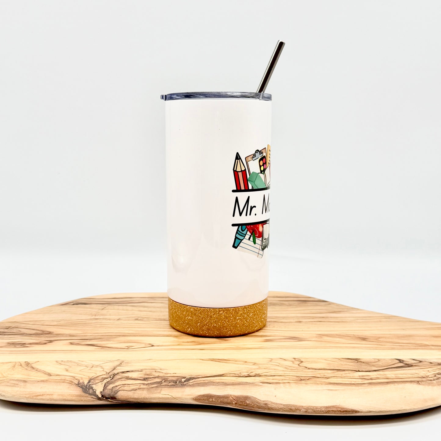 Personalized Teacher Tumbler: 17oz Insulated Cork Bottom Cup with Lid and Straw for Male Teacher