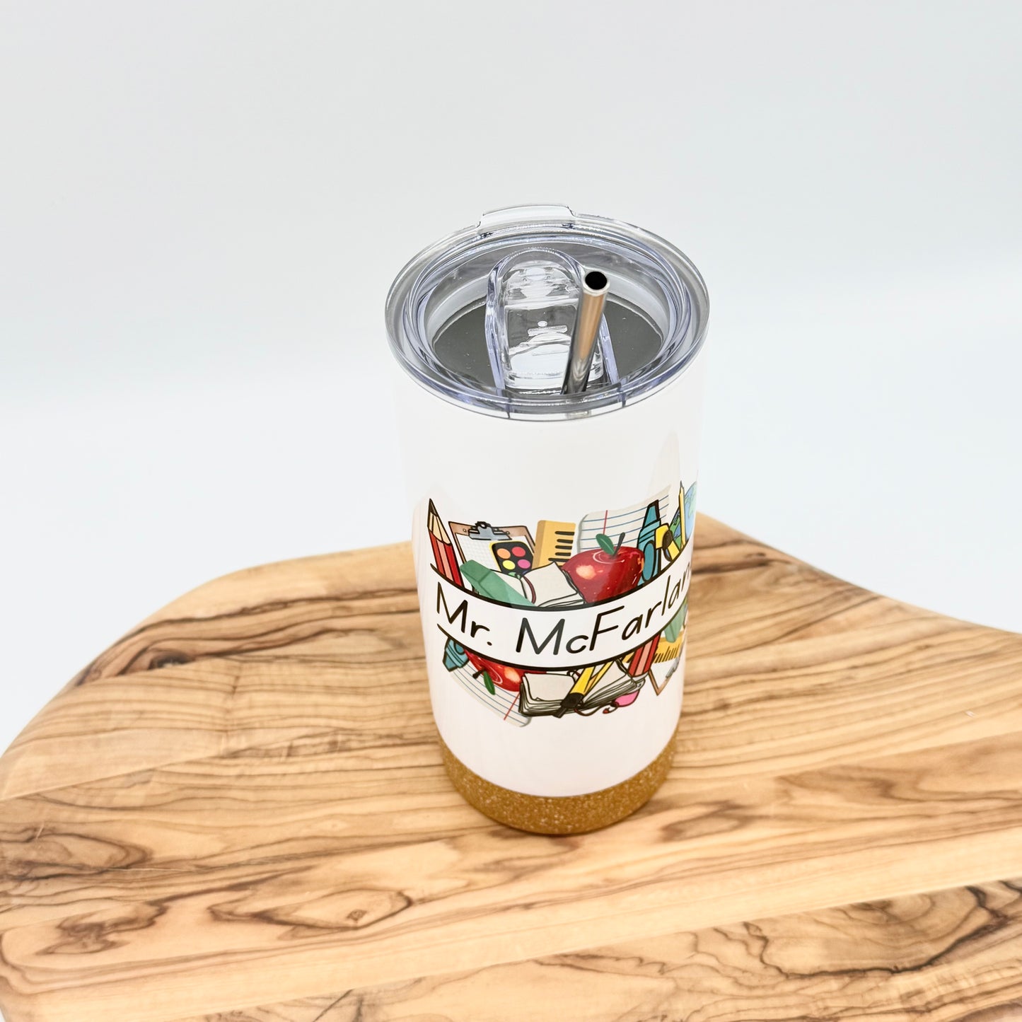 Personalized Teacher Tumbler: 17oz Insulated Cork Bottom Cup with Lid and Straw for Male Teacher