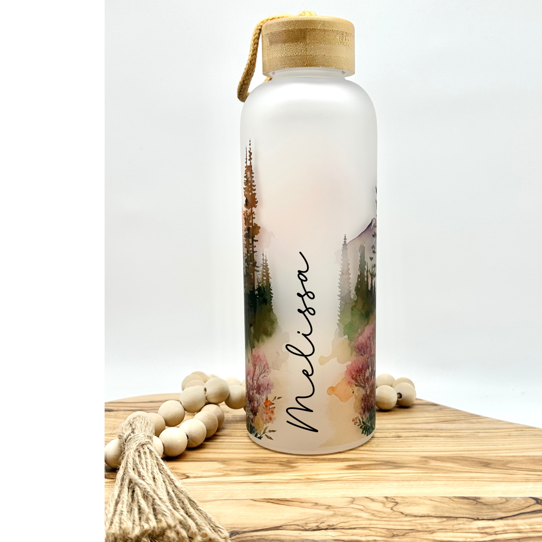 Mountain Landscape Glass Water Bottle