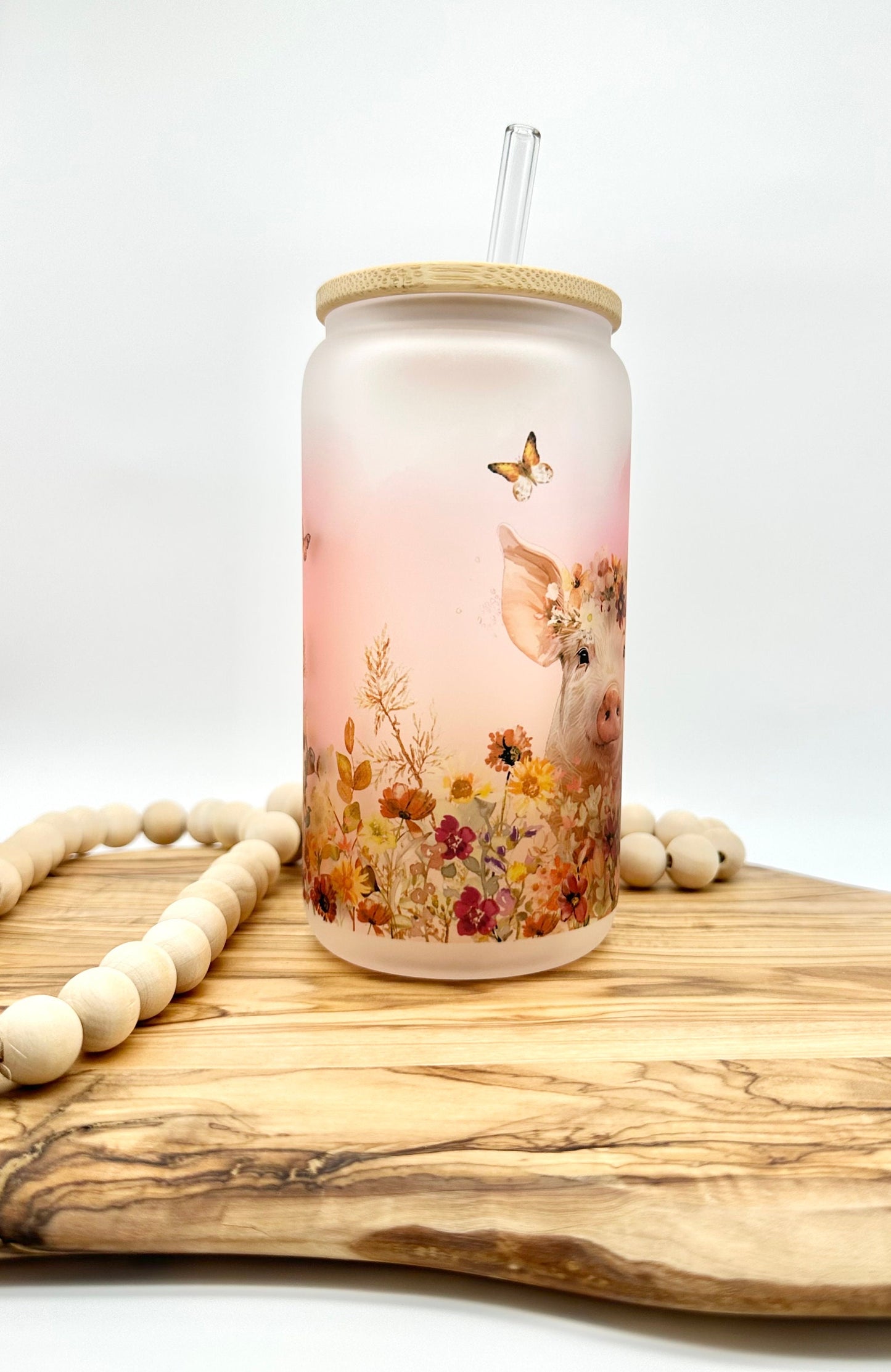 16oz Pig Iced Coffee Cup - Frosted Glass Tumbler with Lid and Straw