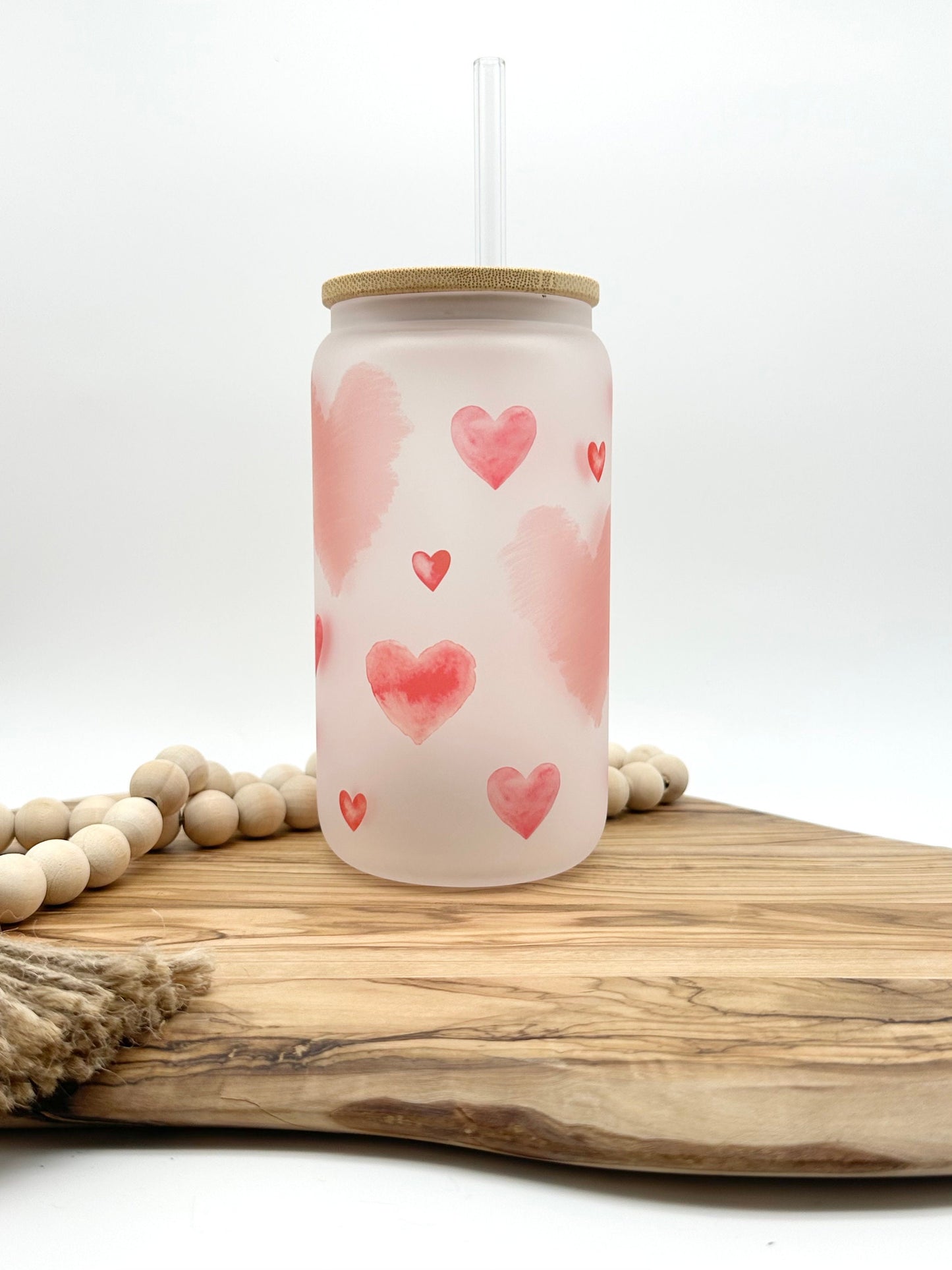 Valentine's Day Iced Coffee Glass with Lid - 16oz Frosted Glass Tumbler with Lid and Straw