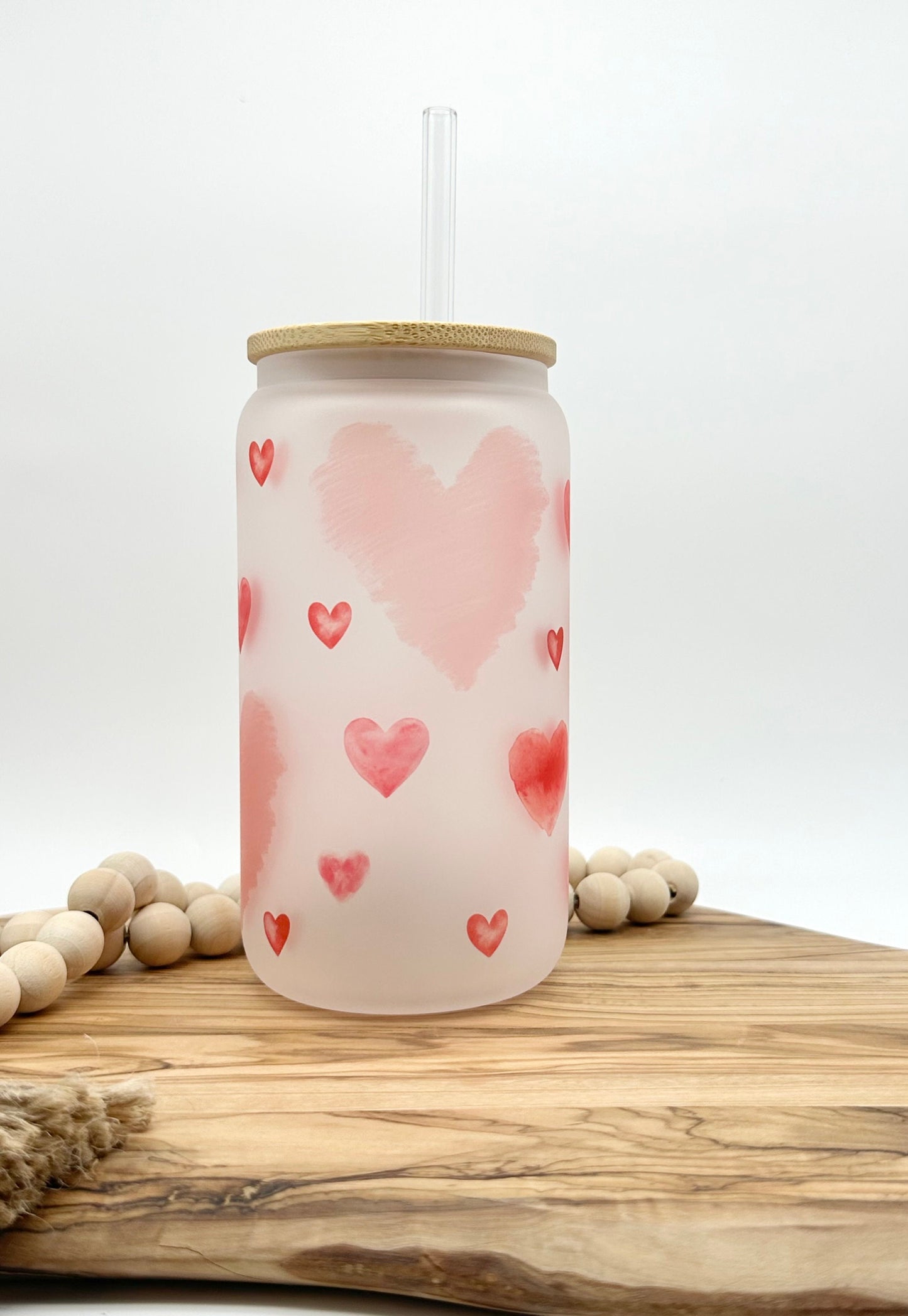 Valentine's Day Iced Coffee Glass with Lid - 16oz Frosted Glass Tumbler with Lid and Straw