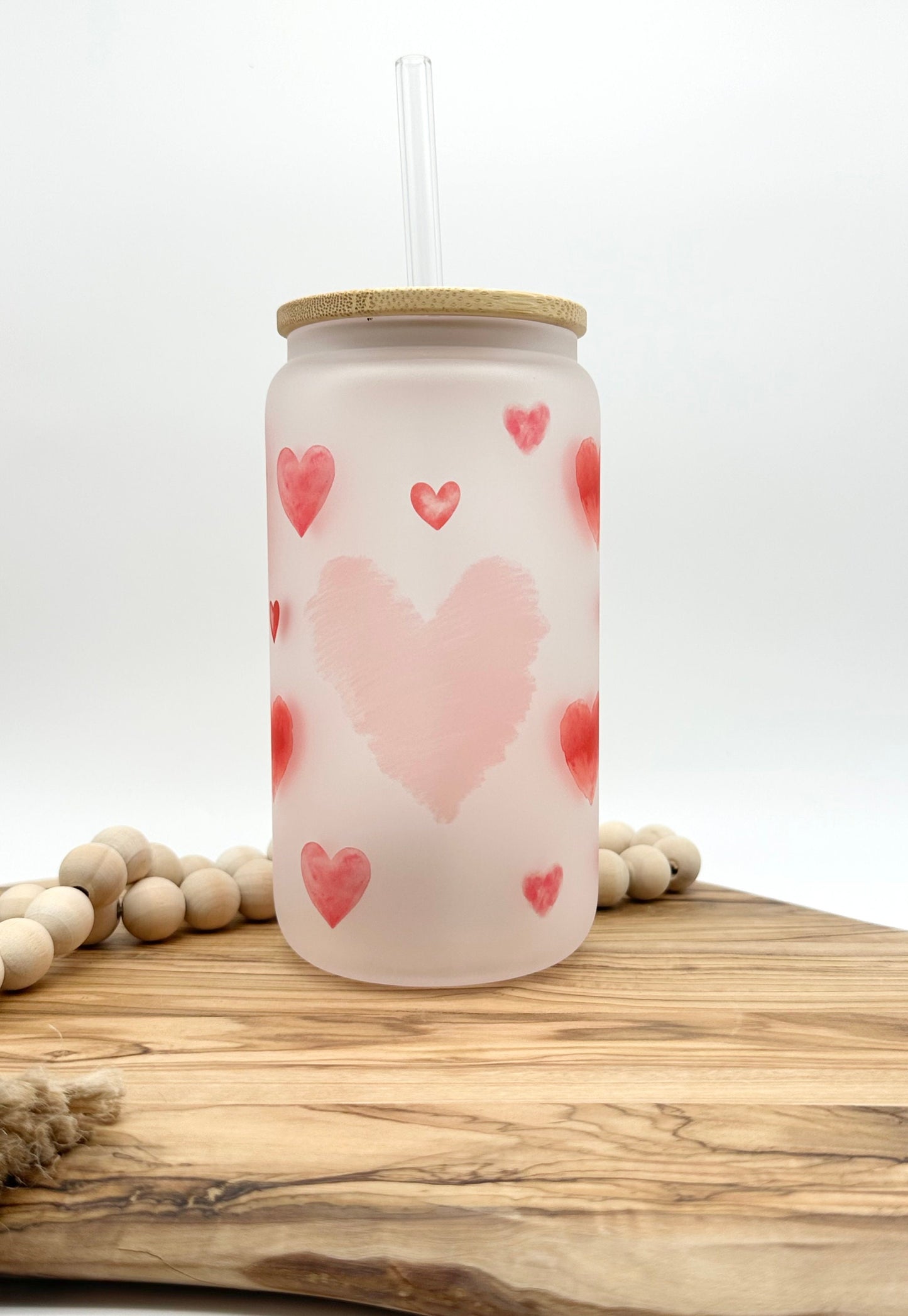 Valentine's Day Iced Coffee Glass with Lid - 16oz Frosted Glass Tumbler with Lid and Straw