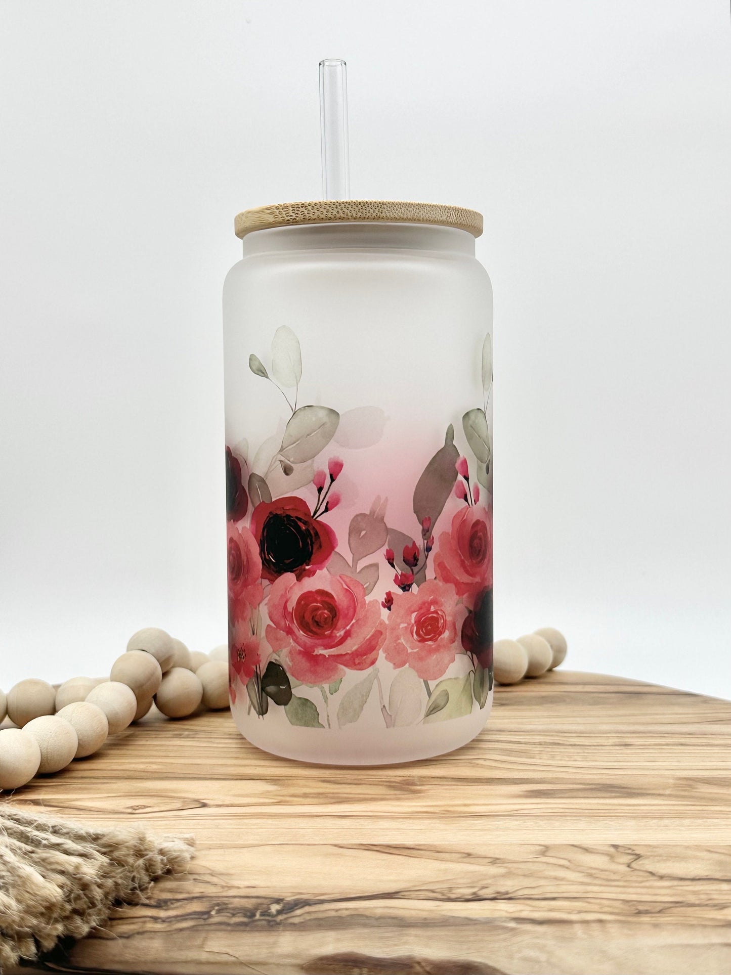 Pink Floral Iced Coffee Glass Tumbler with Lid and Straw - 16oz Personalized Iced Coffee Cup