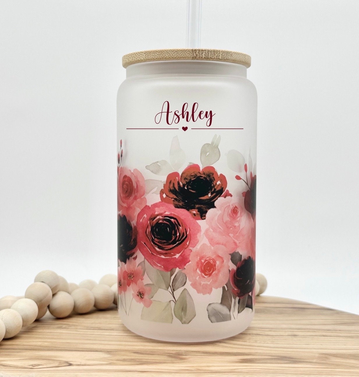 Pink Floral Iced Coffee Glass Tumbler with Lid and Straw - 16oz Personalized Iced Coffee Cup