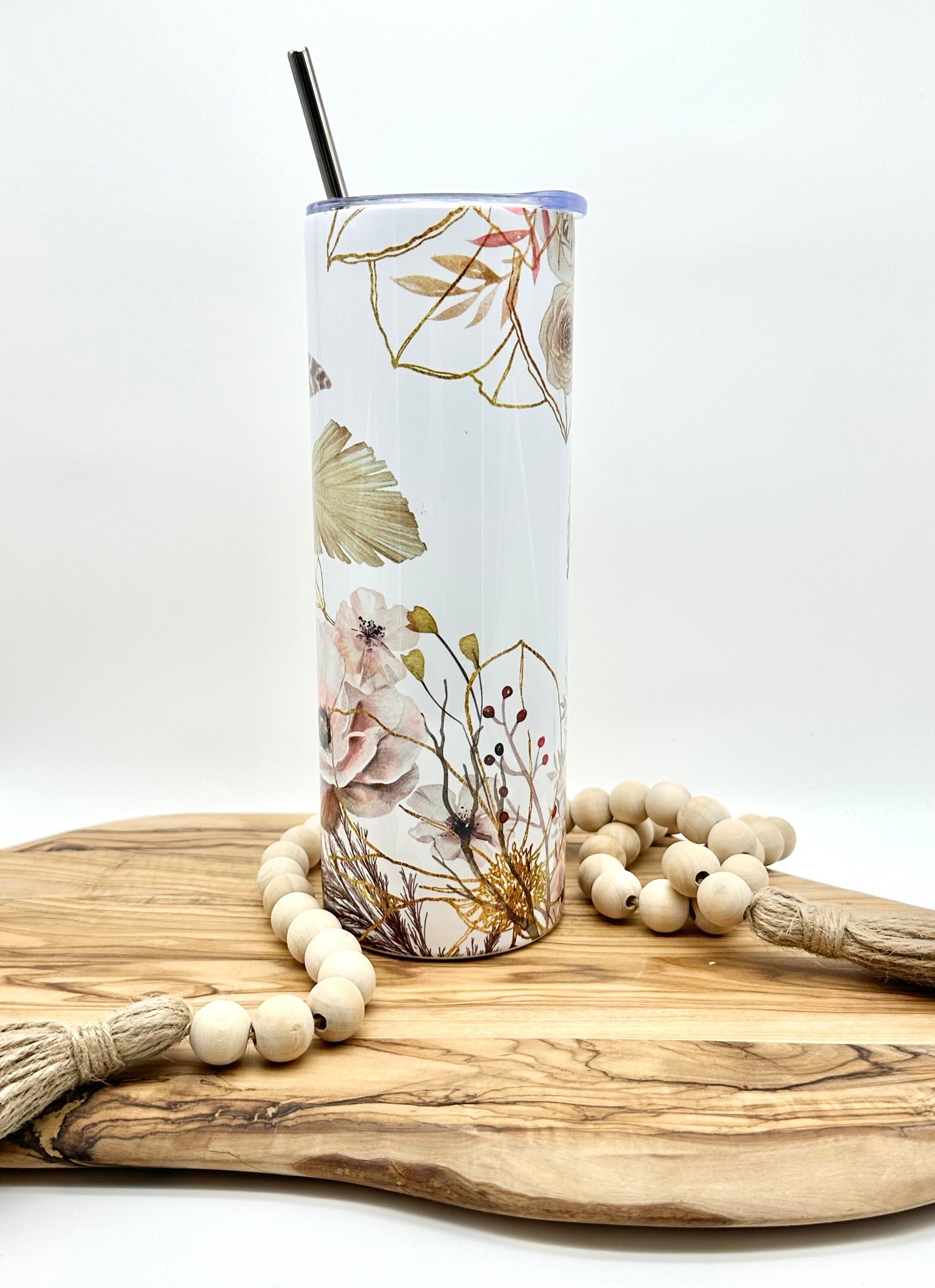 20oz Pink Floral Tumbler with Lid and Straw - Insulated Stainless Steel