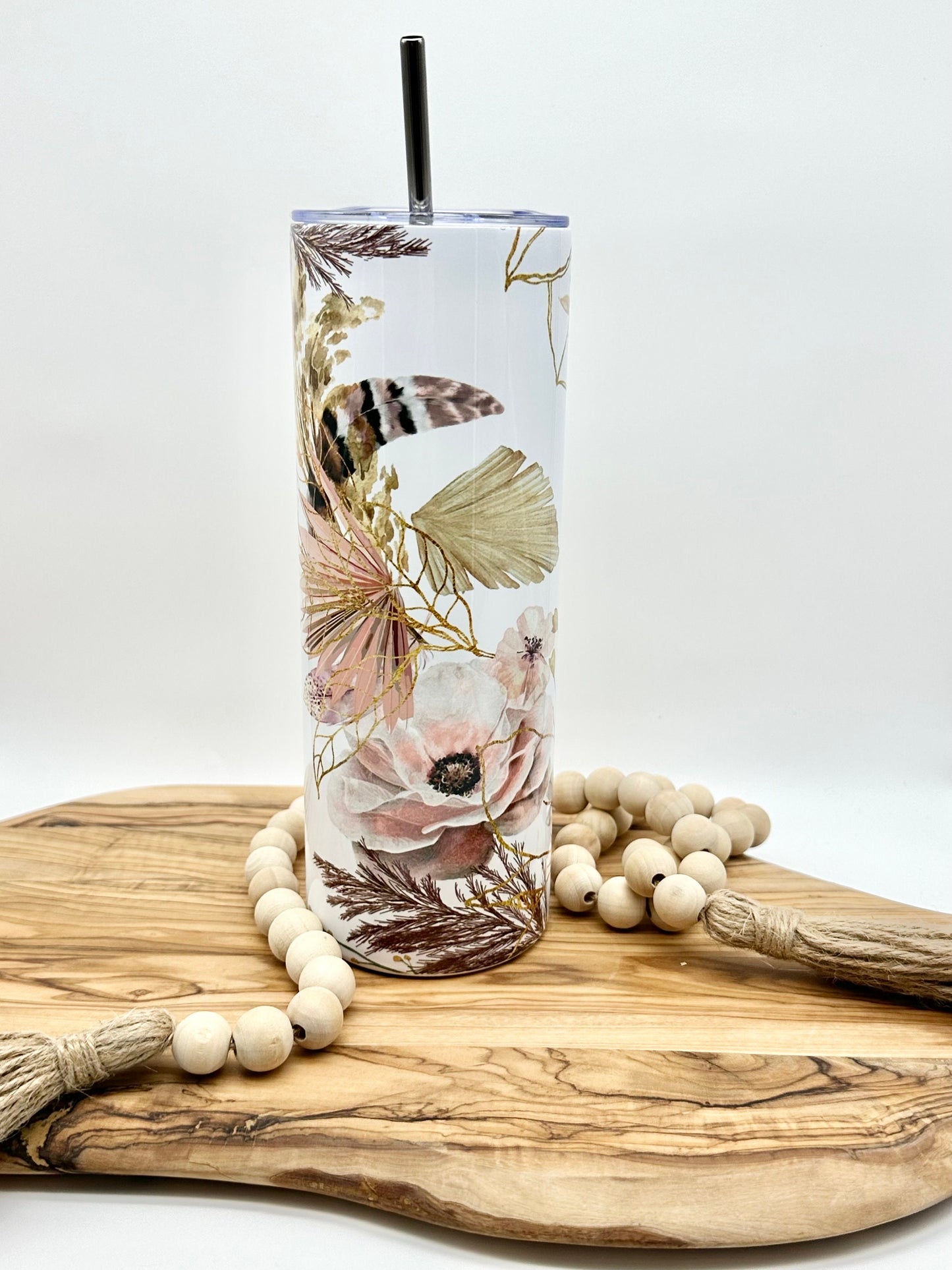 20oz Pink Floral Tumbler with Lid and Straw - Insulated Stainless Steel